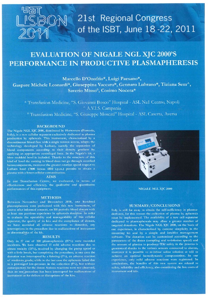 EVALUATION OF NIGALE NGL XJC 2000&#039;S PERFORMANCE IN PRODUCTIVE PLASMAPHERESIS